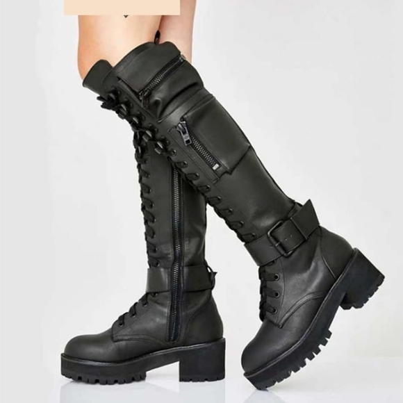None Shoes - Women Round Toe Lace Up Knee High Boots Punk Buckle Strap Biker Rock Boots Size9